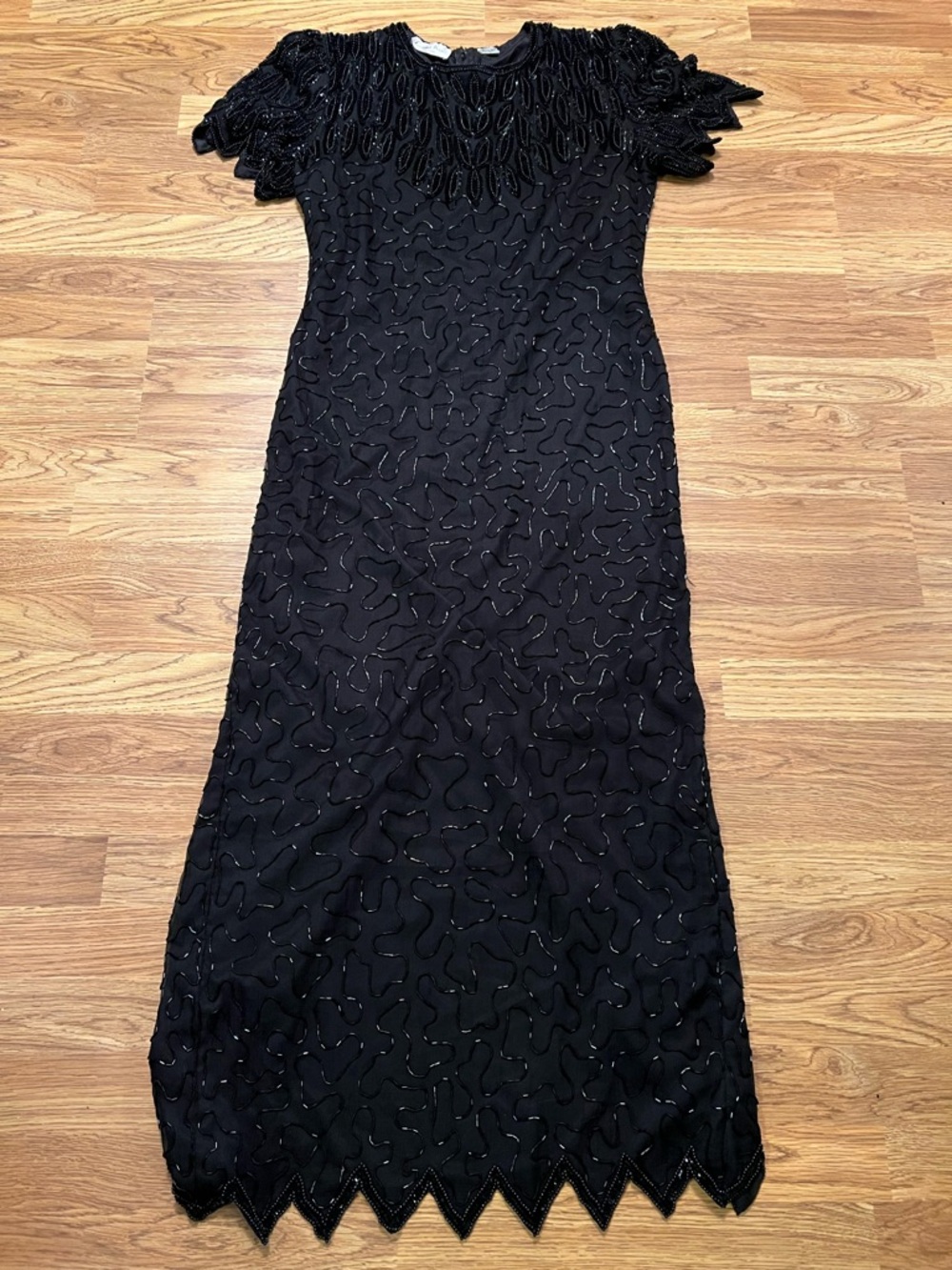 Vintage Laurence Kazar New York Beaded and Sequined Black Silk Maxi Dress